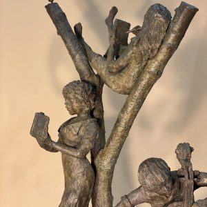 Closeup of "Tree of Inspiration" sculpture at Goodnow Library in Sudbury, MA